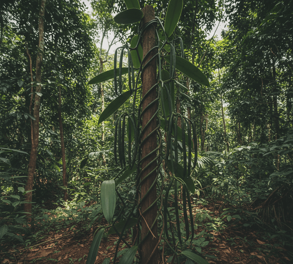 Vue panoramique d'une plantation de vanille à Madagascar - Rangées de vanilliers sous ombrière naturelle